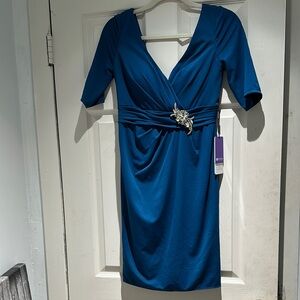 JJs House Blue Sheath Dress with Ruched Plunge Neckline